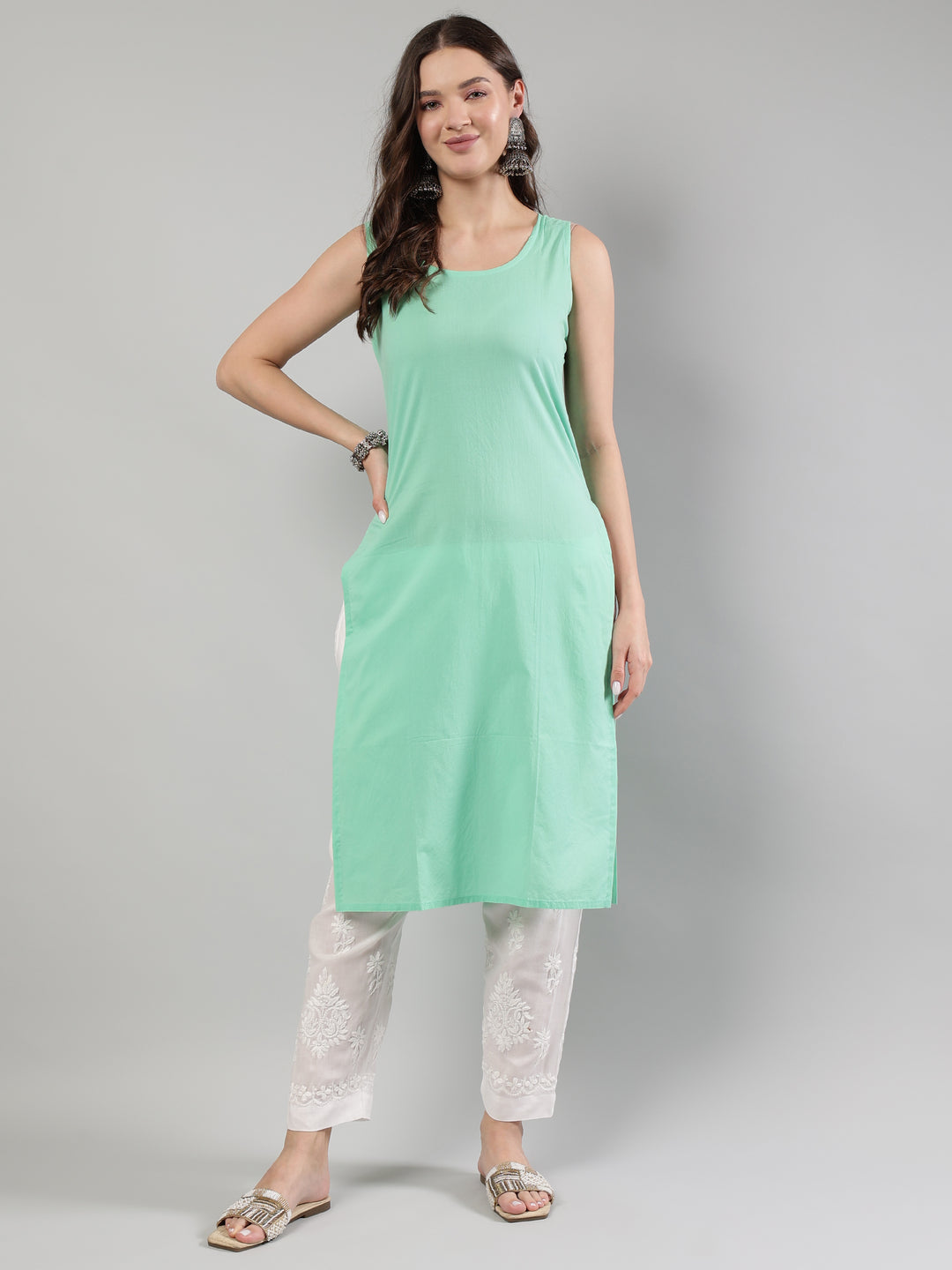 Sea-Green-Georgette-Chikankari-Kurta-With-Slip