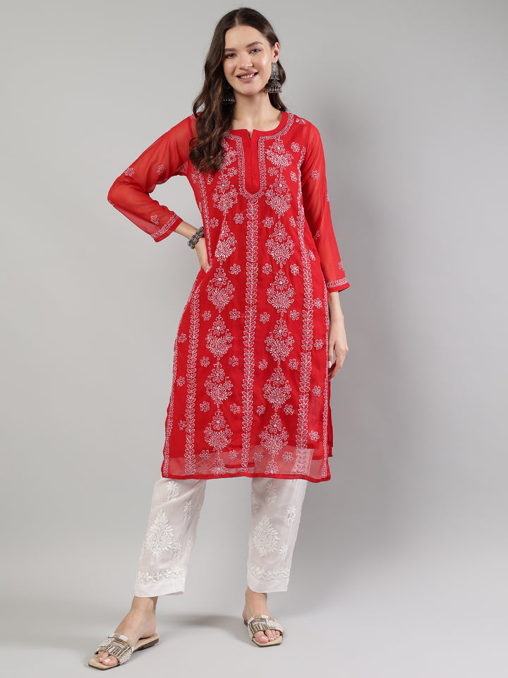 Red-Georgette-Lucknowi-Chikankari-Kurta-With-Slip