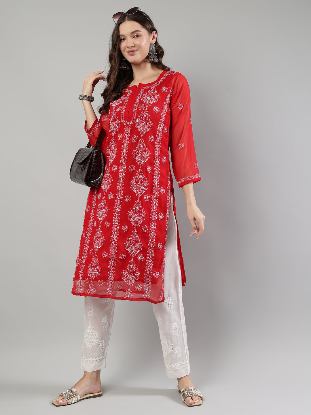 Red-Georgette-Lucknowi-Chikankari-Kurta-With-Slip