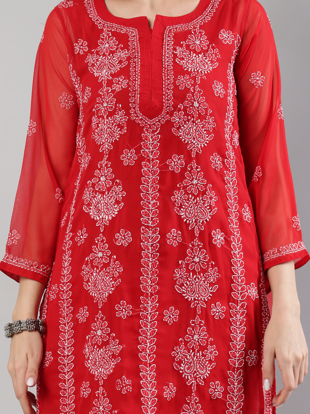 Red-Georgette-Lucknowi-Chikankari-Kurta-With-Slip