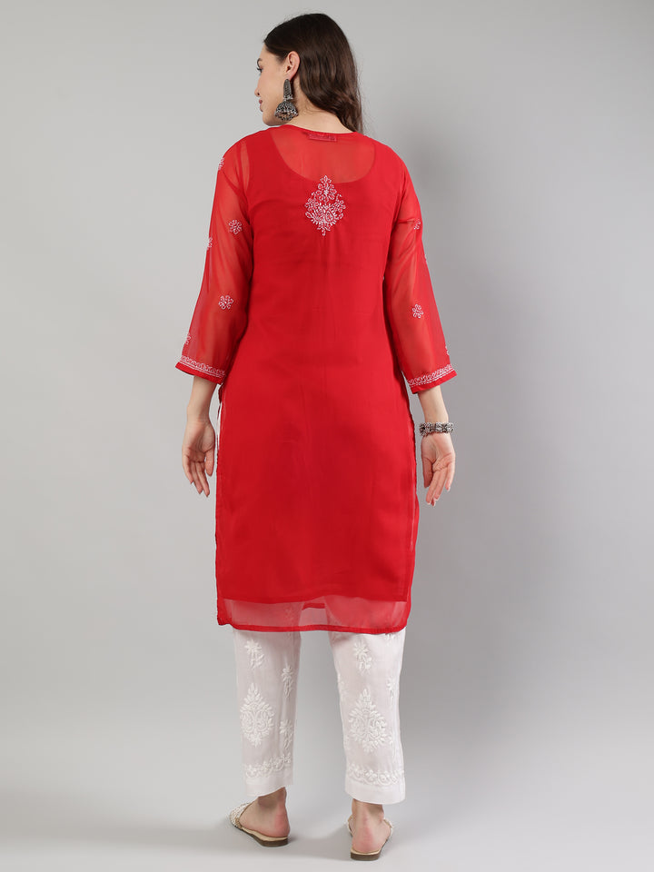 Red-Georgette-Lucknowi-Chikankari-Kurta-With-Slip