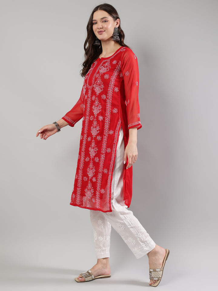 Red-Georgette-Lucknowi-Chikankari-Kurta-With-Slip