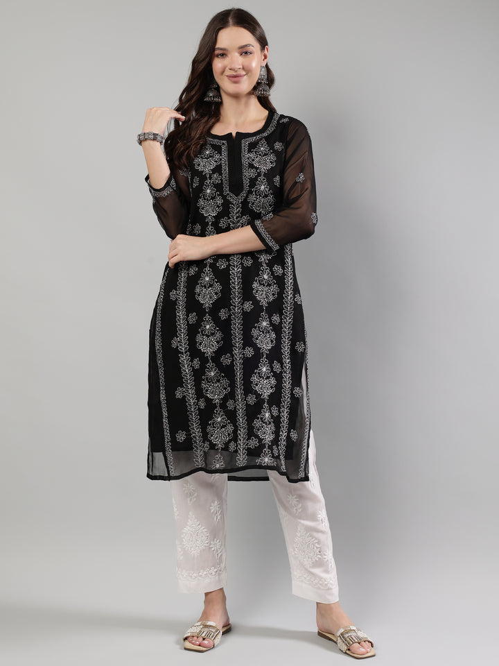 Black-Georgette-Lucknowi-Chikankari-Kurta-With-Slip