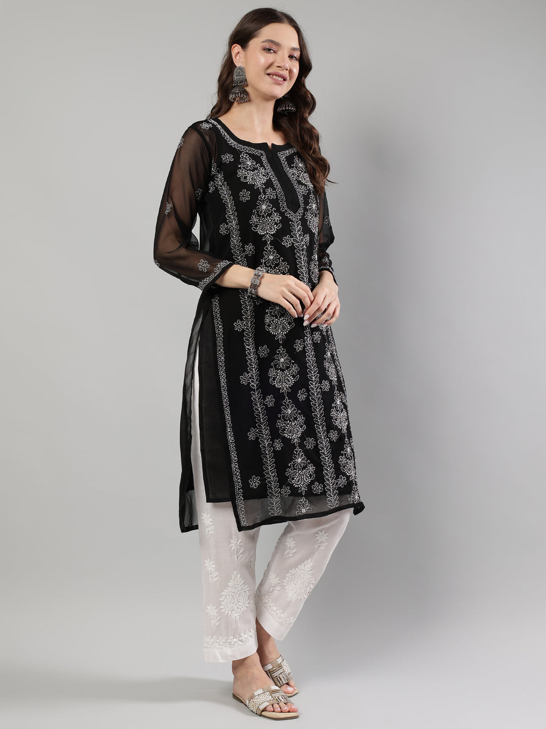 Black-Georgette-Lucknowi-Chikankari-Kurta-With-Slip