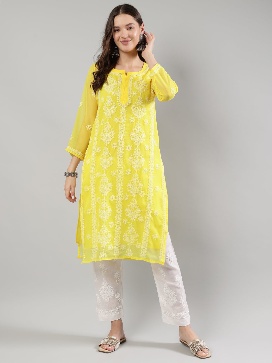 Yellow-Georgette-Lucknowi-Chikankari-Kurta-With-Slip