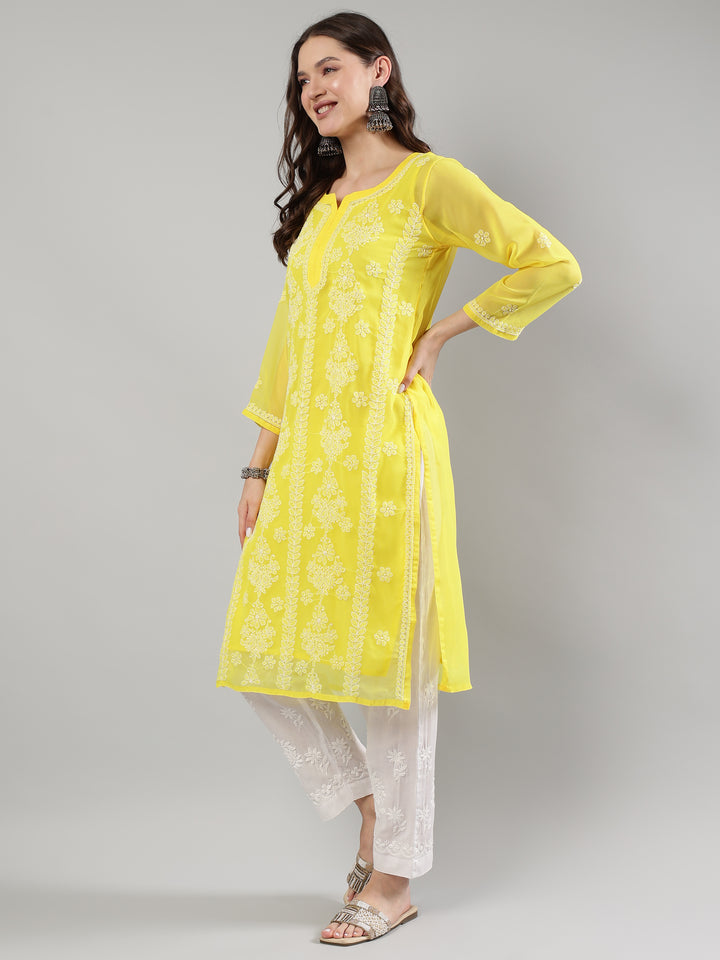 Yellow-Georgette-Lucknowi-Chikankari-Kurta-With-Slip