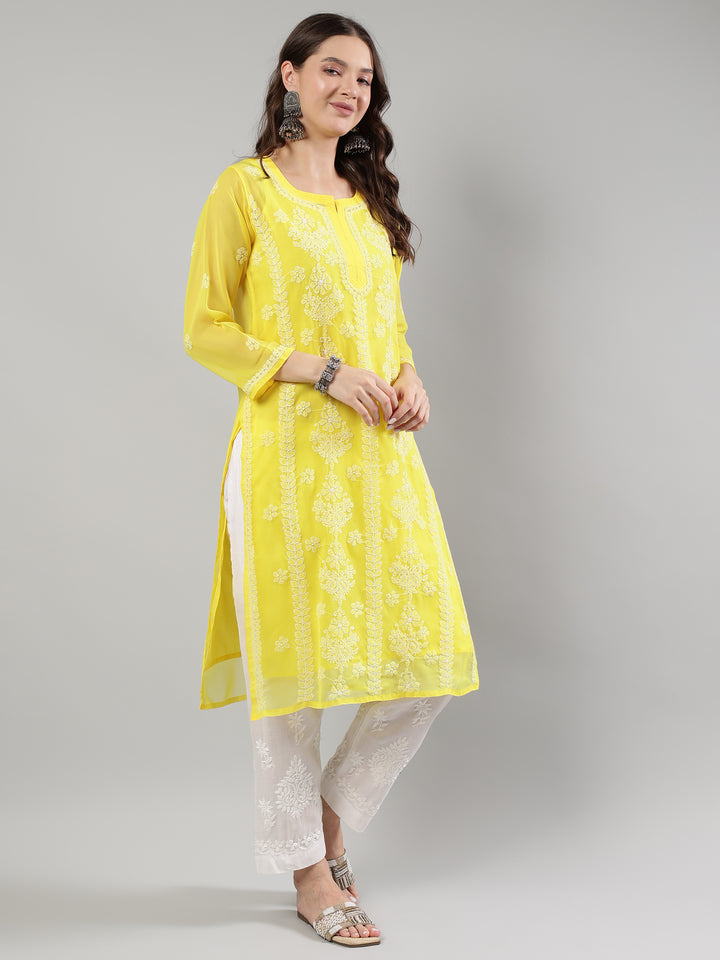 Yellow-Georgette-Lucknowi-Chikankari-Kurta-With-Slip
