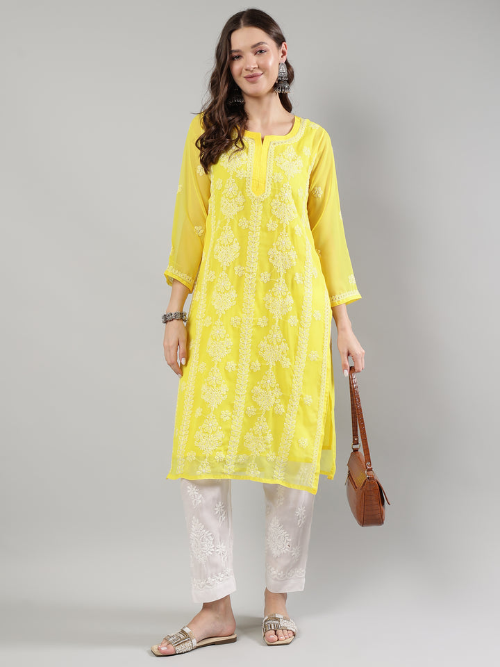 Yellow-Georgette-Lucknowi-Chikankari-Kurta-With-Slip