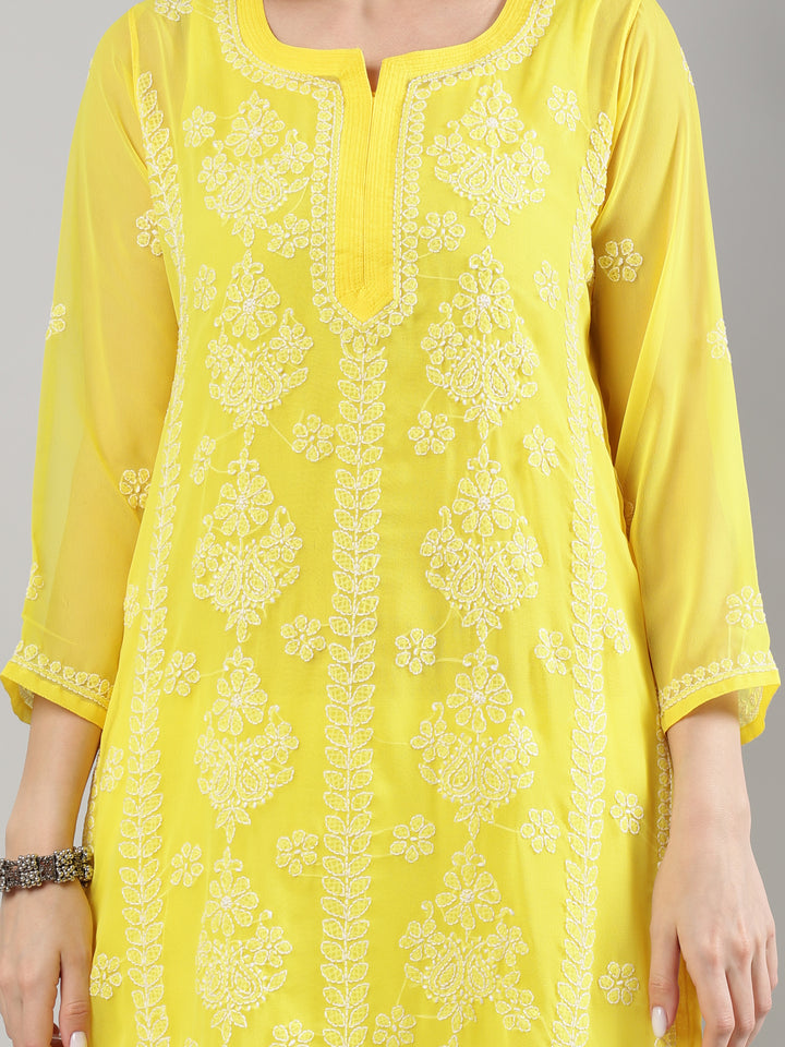 Yellow-Georgette-Lucknowi-Chikankari-Kurta-With-Slip