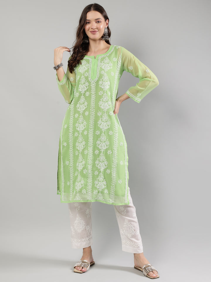 Parrot-Green-Georgette-Lucknowi-Kurta-With-Slip