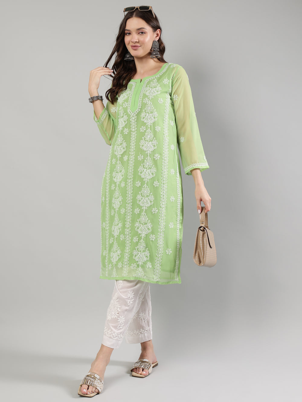 Parrot-Green-Georgette-Lucknowi-Kurta-With-Slip