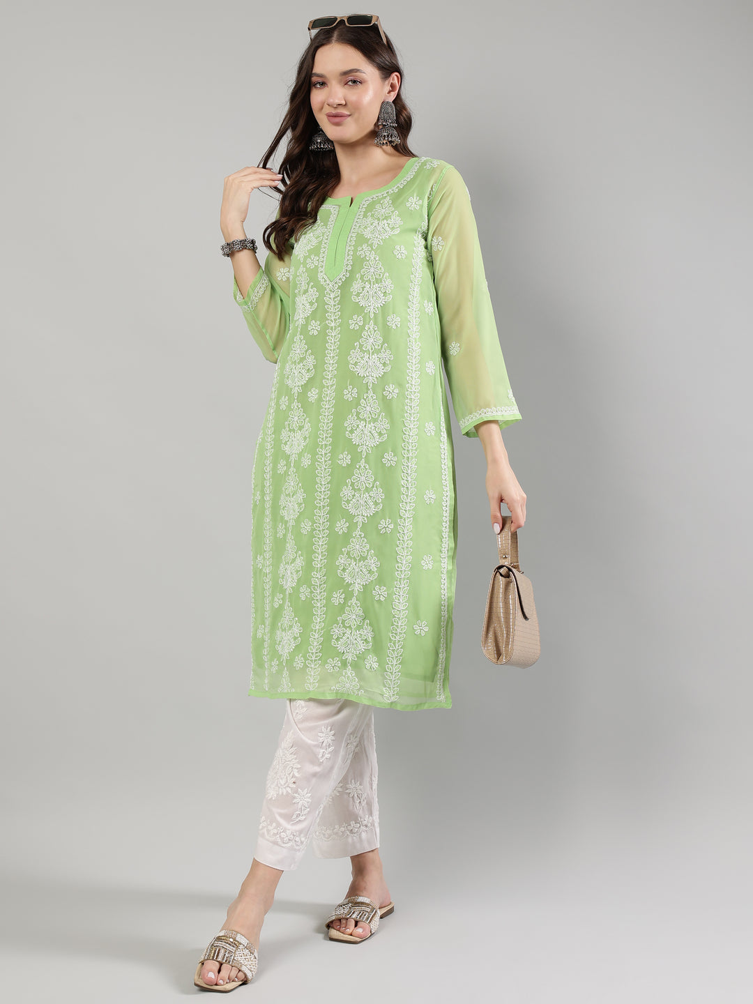 Parrot-Green-Georgette-Lucknowi-Kurta-With-Slip