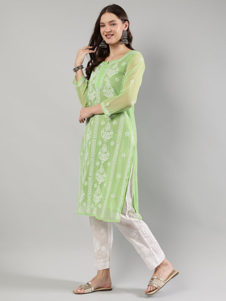 Parrot-Green-Georgette-Lucknowi-Kurta-With-Slip