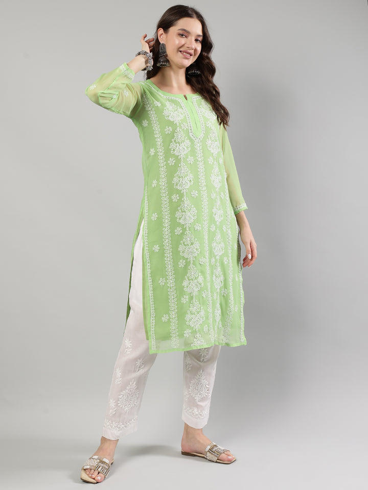 Parrot-Green-Georgette-Lucknowi-Kurta-With-Slip