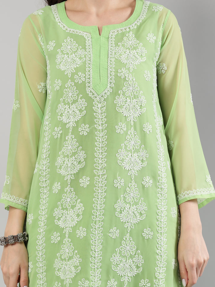 Parrot-Green-Georgette-Lucknowi-Kurta-With-Slip