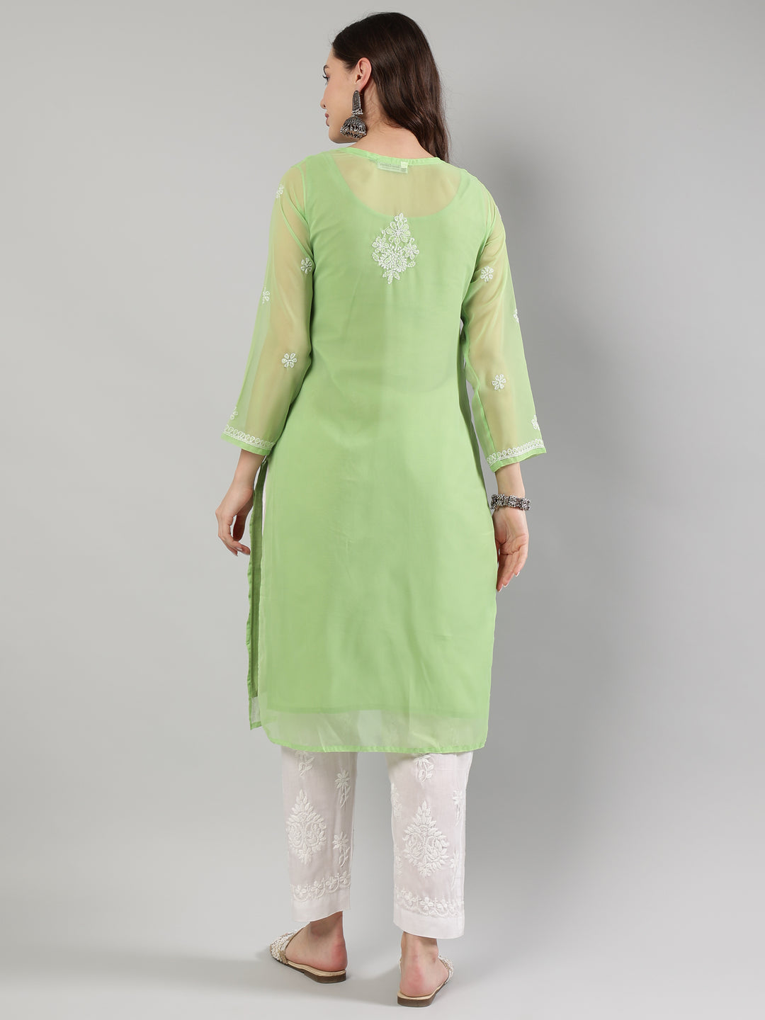 Parrot-Green-Georgette-Lucknowi-Kurta-With-Slip