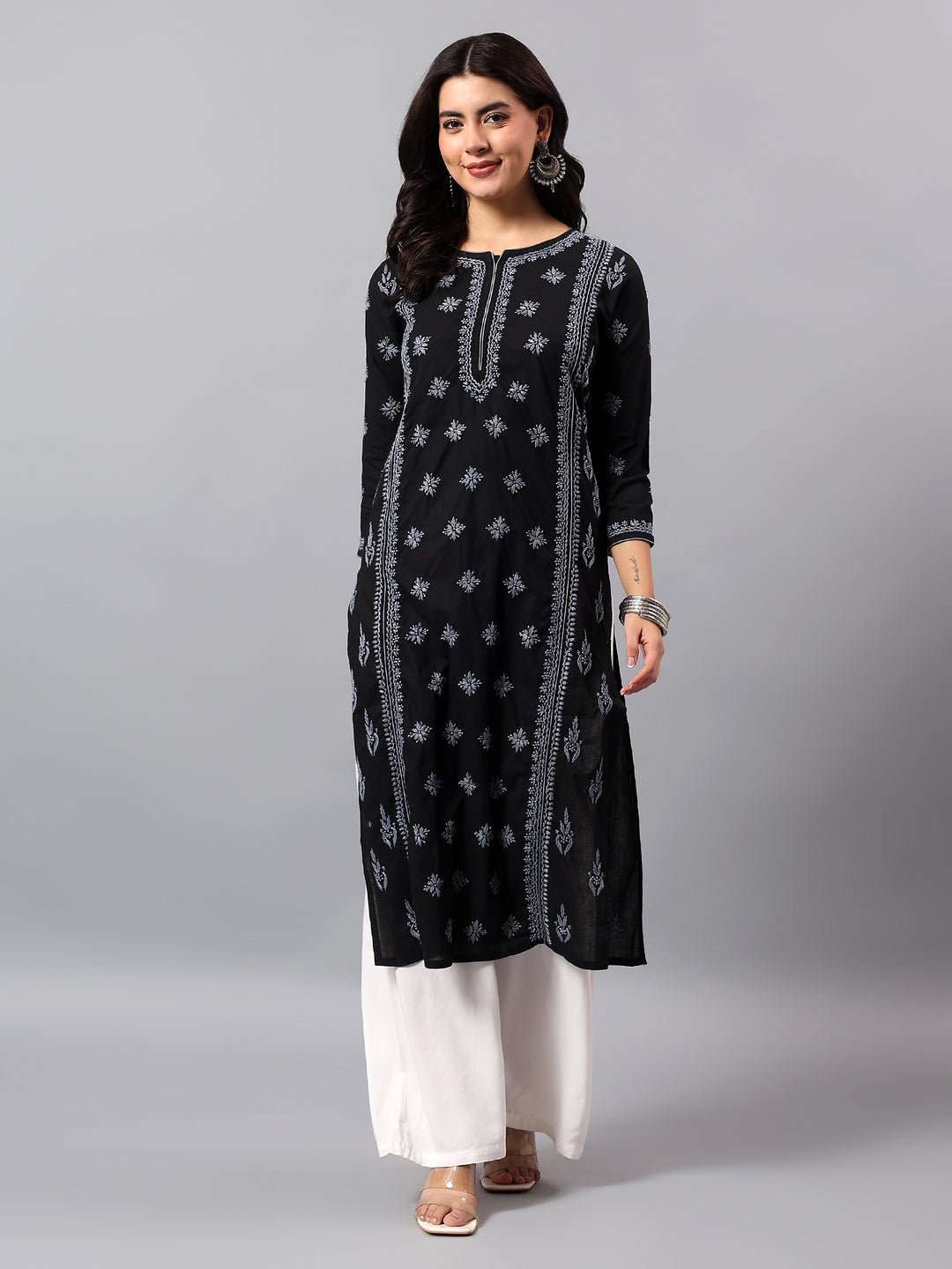 Black& Grey Cotton Lucknowi Chikankari Kurta