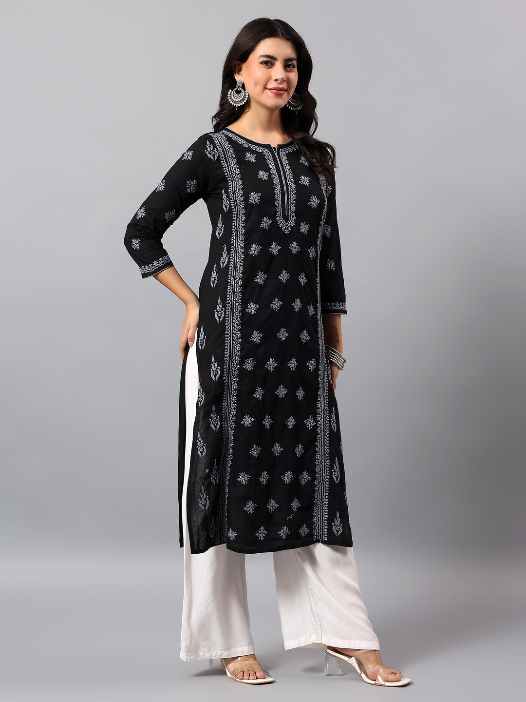 Black& Grey Cotton Lucknowi Chikankari Kurta