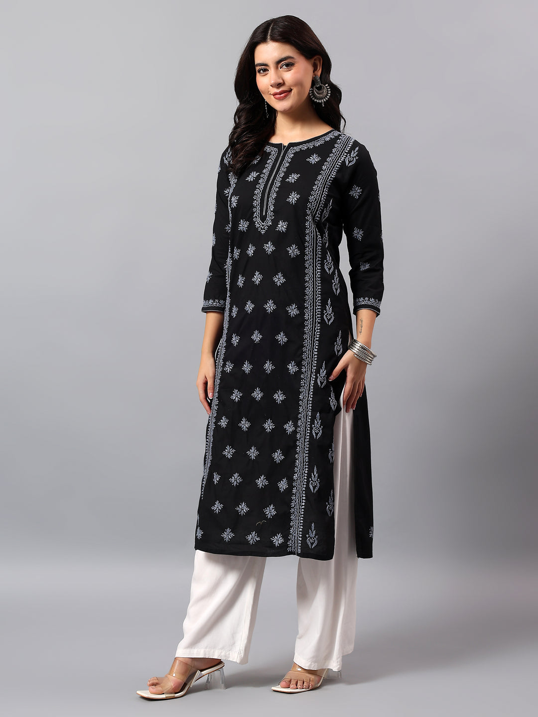 Black& Grey Cotton Lucknowi Chikankari Kurta