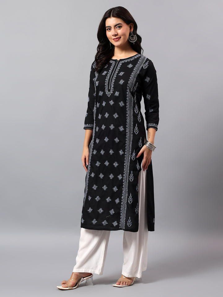Black& Grey Cotton Lucknowi Chikankari Kurta