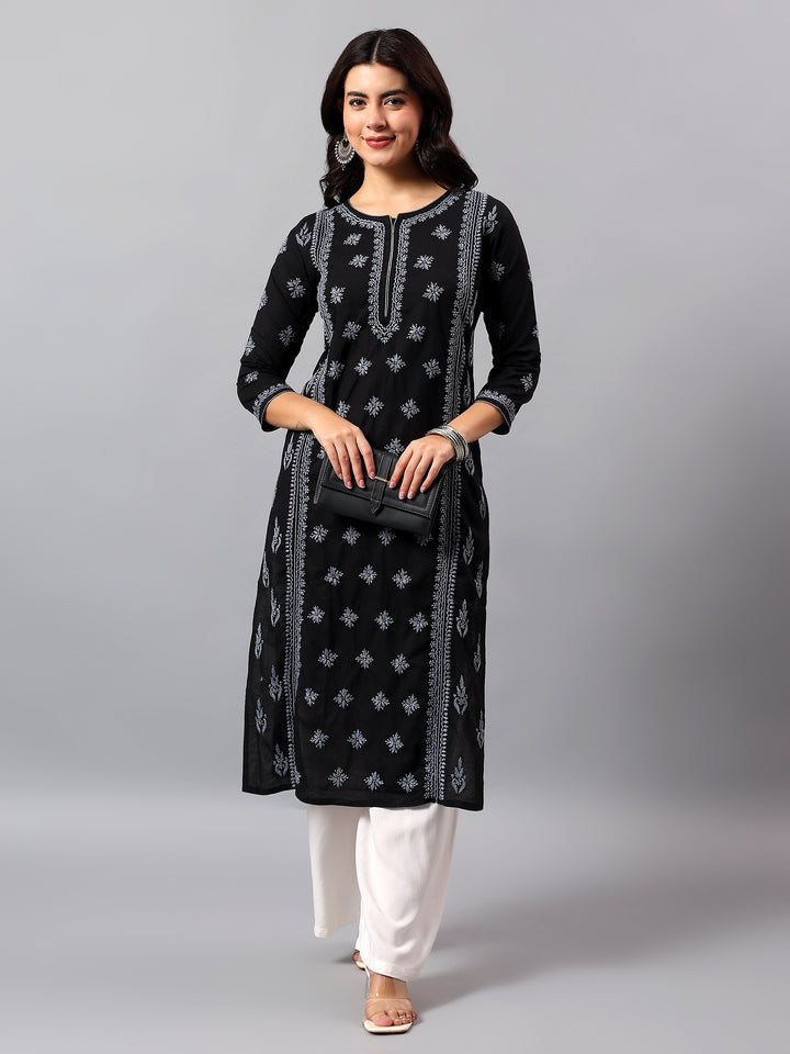 Black& Grey Cotton Lucknowi Chikankari Kurta