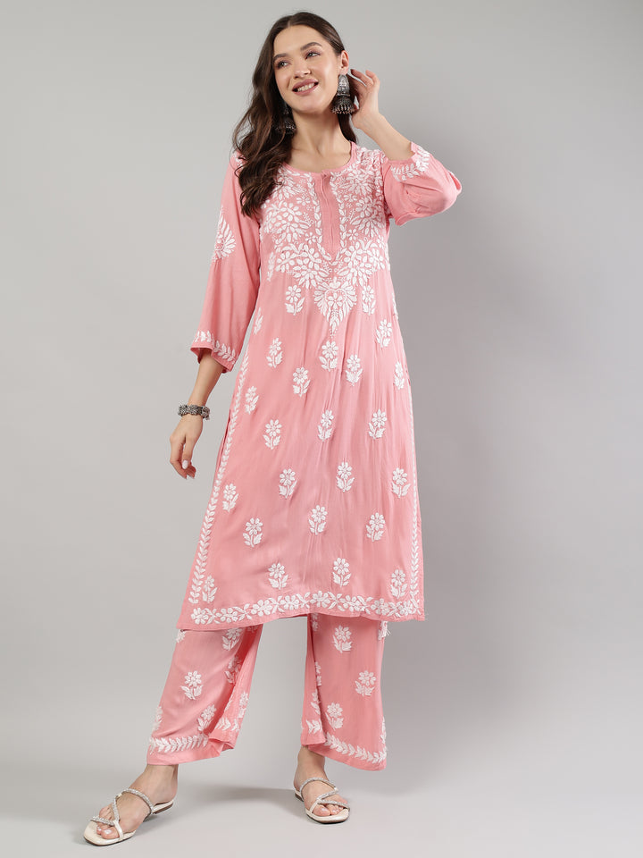 Peach-Rayon-Embroidered-Lucknowi-Chikankari-Kurta-Set