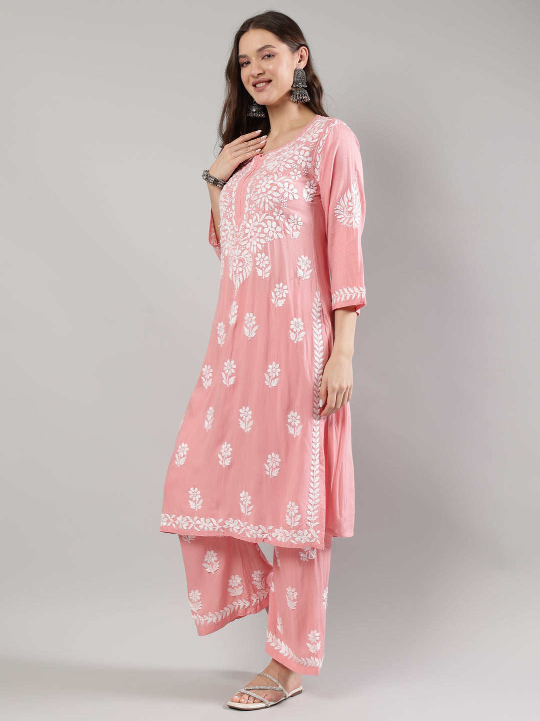 Peach-Rayon-Embroidered-Lucknowi-Chikankari-Kurta-Set