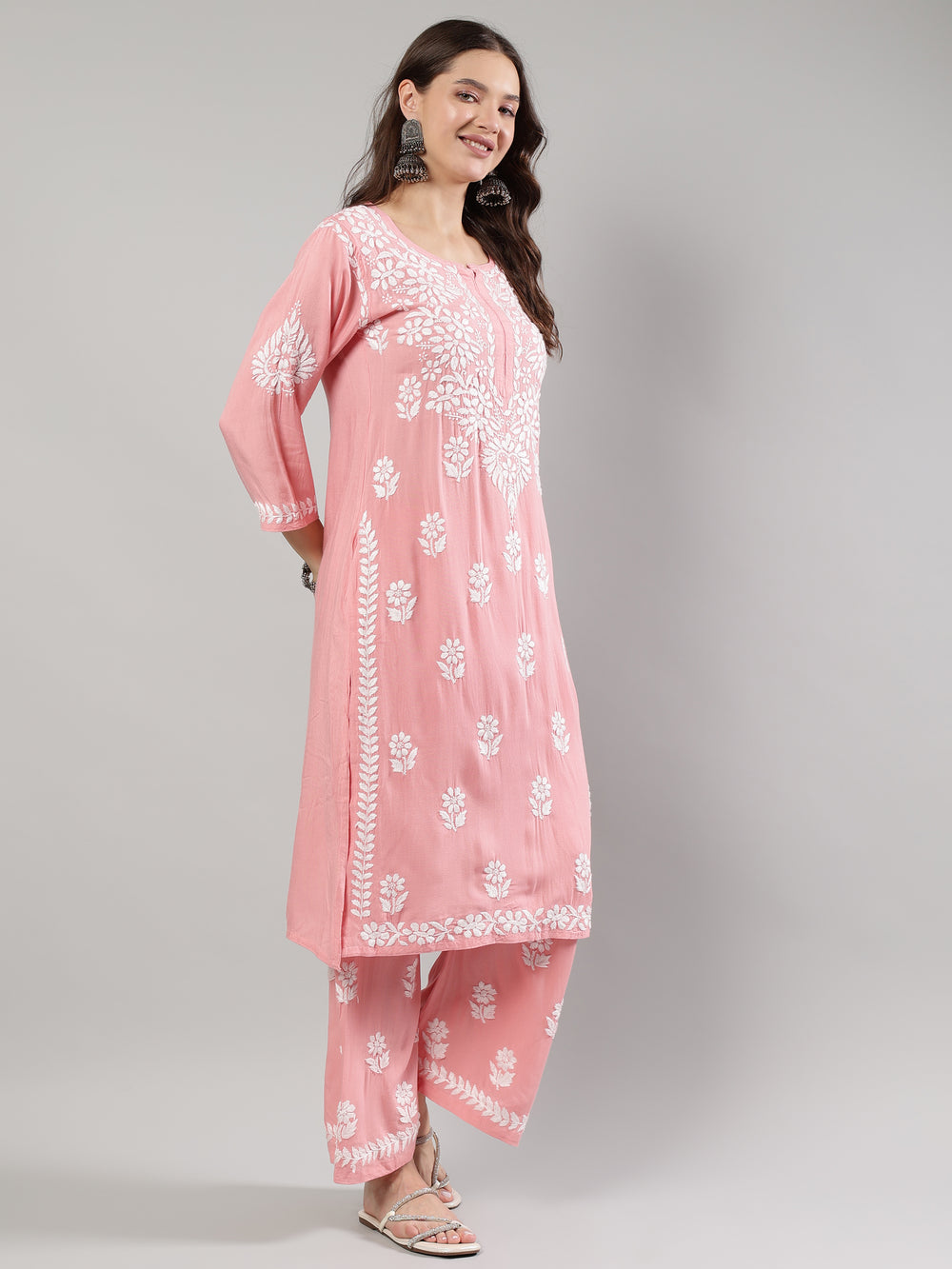 Peach-Rayon-Embroidered-Lucknowi-Chikankari-Kurta-Set