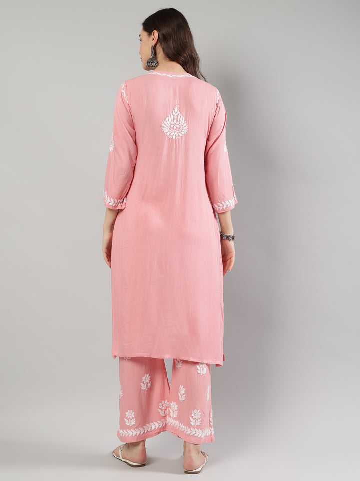Peach-Rayon-Embroidered-Lucknowi-Chikankari-Kurta-Set