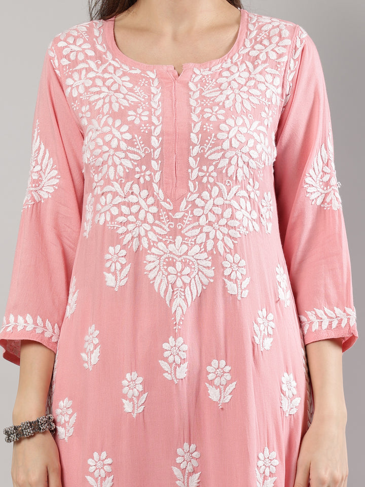 Peach-Rayon-Embroidered-Lucknowi-Chikankari-Kurta-Set
