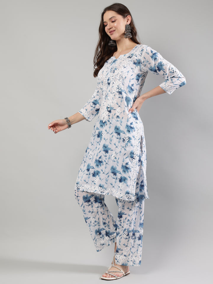 White-Cotton-Embroidered-Lucknowi-Chikankari-Kurta-Set