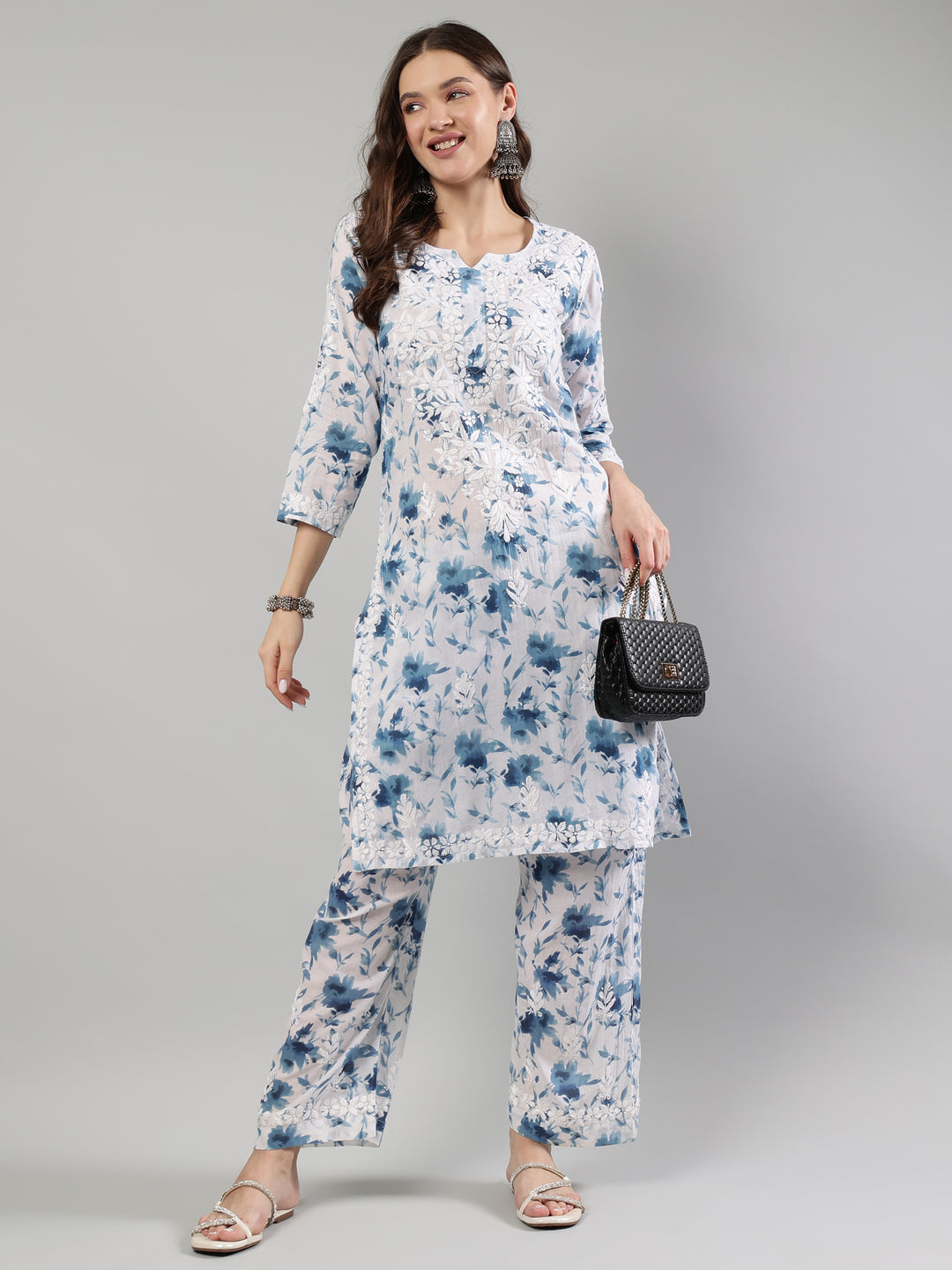 White-Cotton-Embroidered-Lucknowi-Chikankari-Kurta-Set