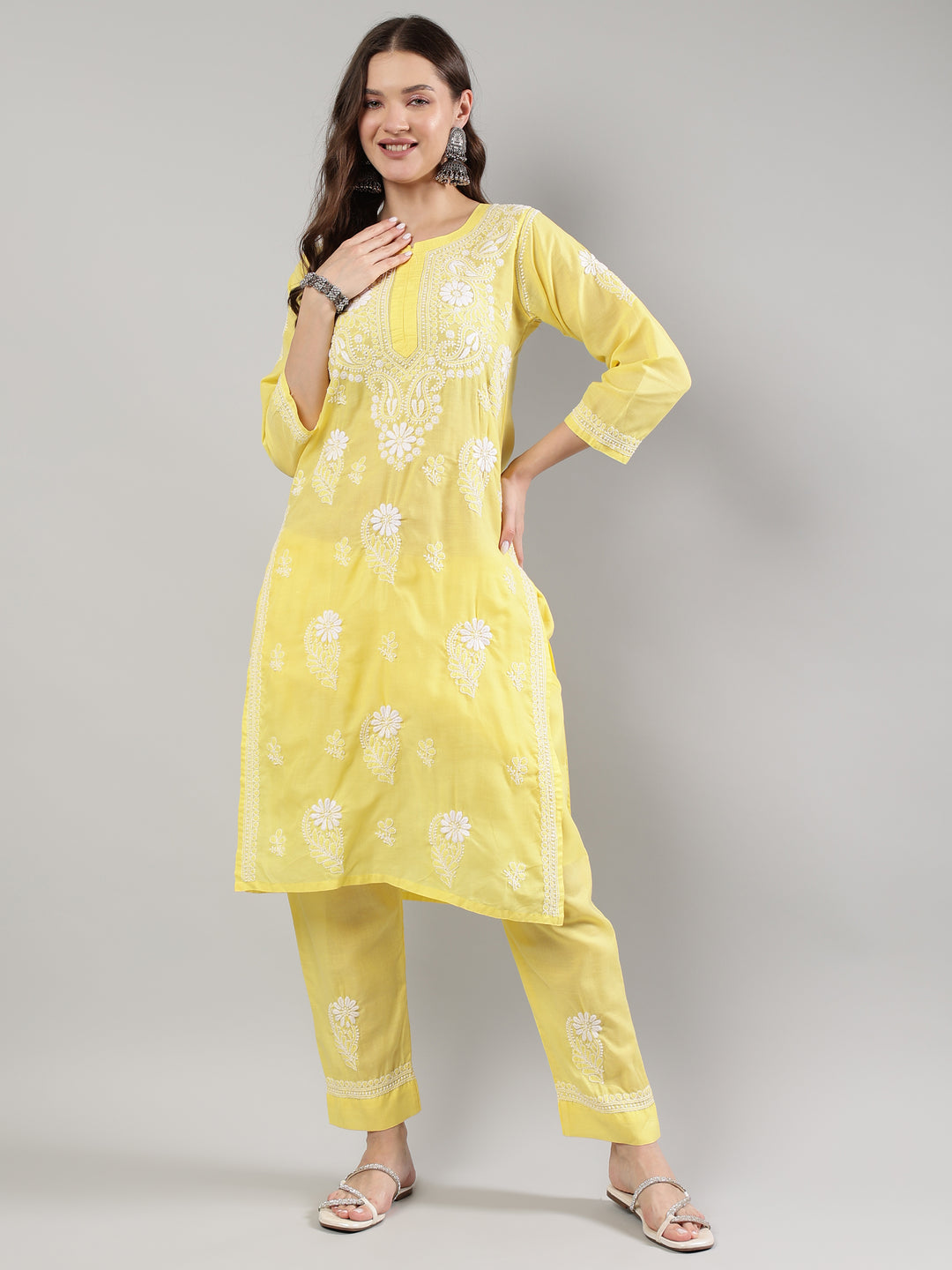 Yellow-Cotton-Embroidered-Lucknowi-Chikankari-Kurta-Set