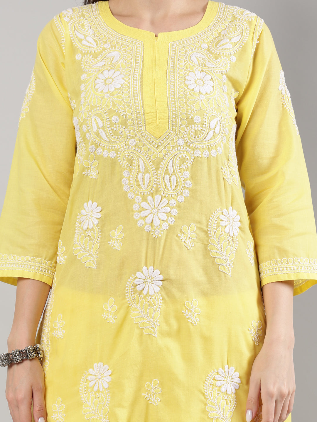 Yellow-Cotton-Embroidered-Lucknowi-Chikankari-Kurta-Set