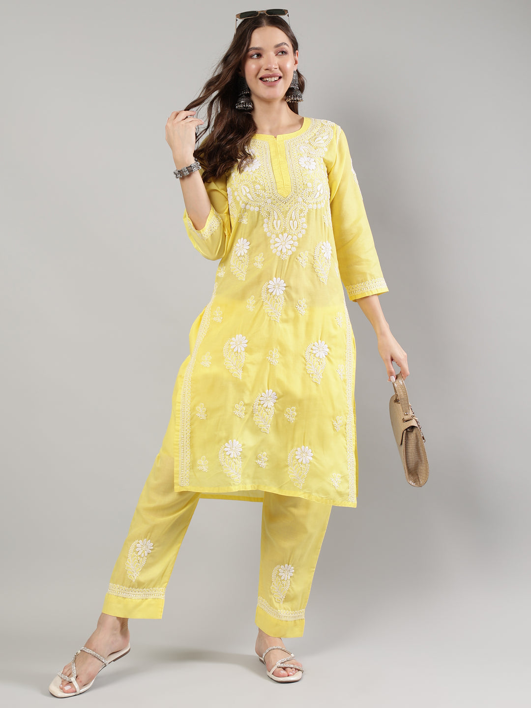 Yellow-Cotton-Embroidered-Lucknowi-Chikankari-Kurta-Set
