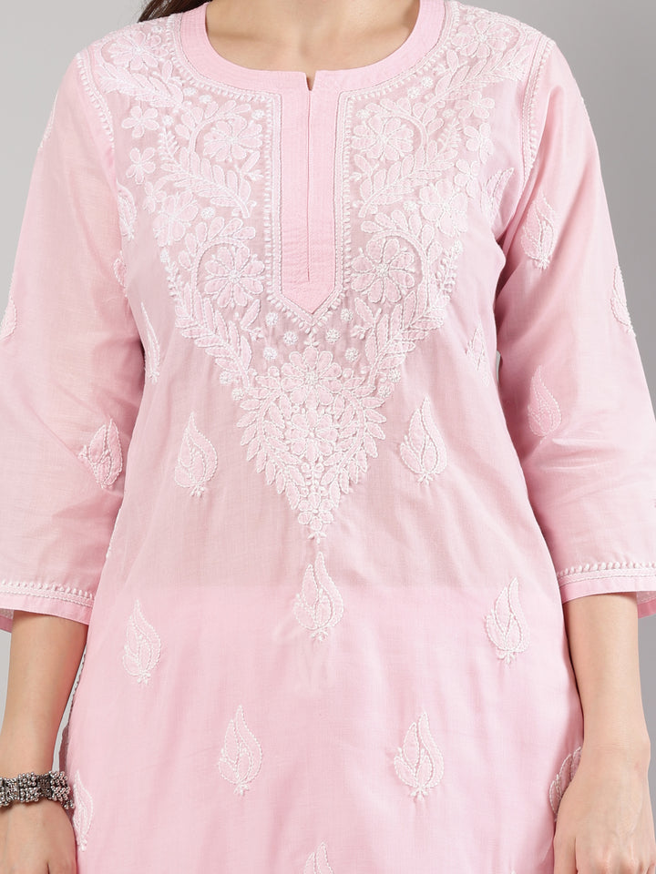 Pink-Cotton-Embroidered-Lucknowi-Chikankari-Kurta-Set