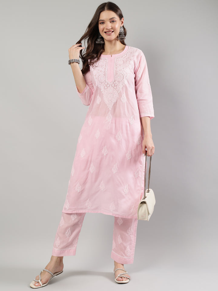 Pink-Cotton-Embroidered-Lucknowi-Chikankari-Kurta-Set