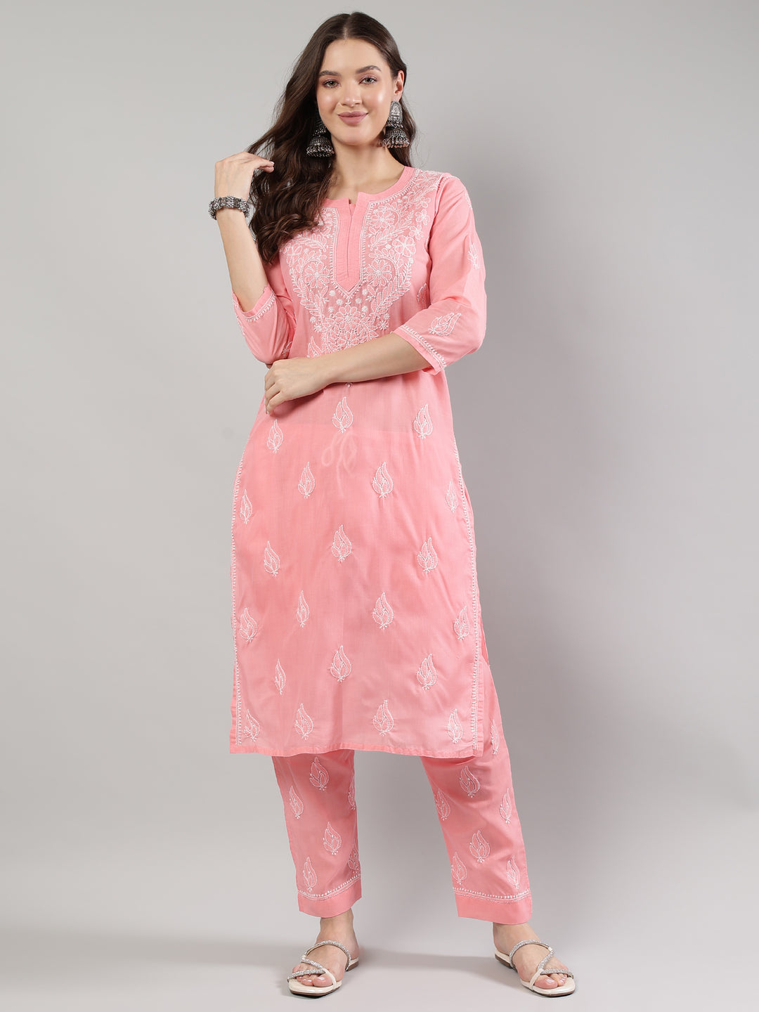 Peach-Cotton-Embroidered-Lucknowi-Chikankari-Kurta-Set