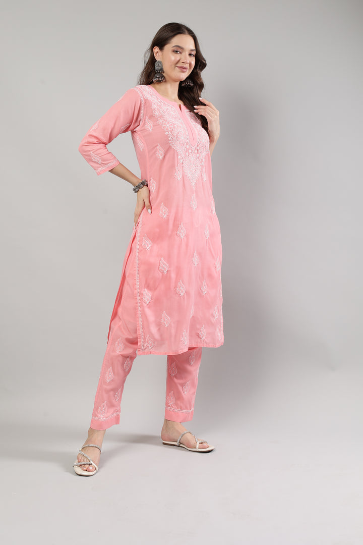 Peach-Cotton-Embroidered-Lucknowi-Chikankari-Kurta-Set