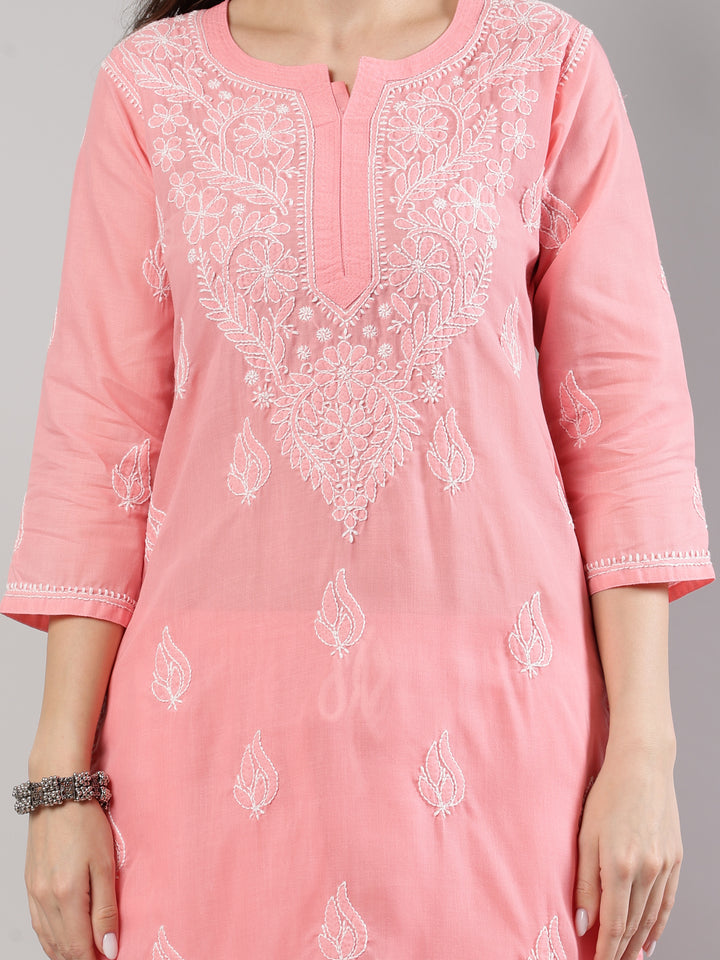 Peach-Cotton-Embroidered-Lucknowi-Chikankari-Kurta-Set