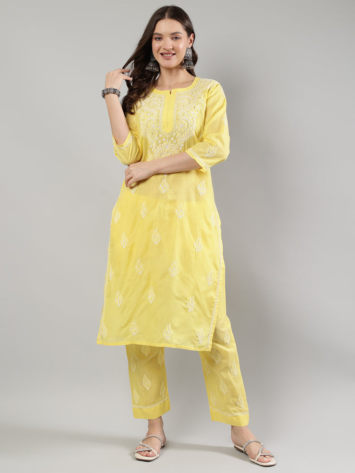 Yellow-Cotton-Embroidered-Chikankari-Kurta-Set
