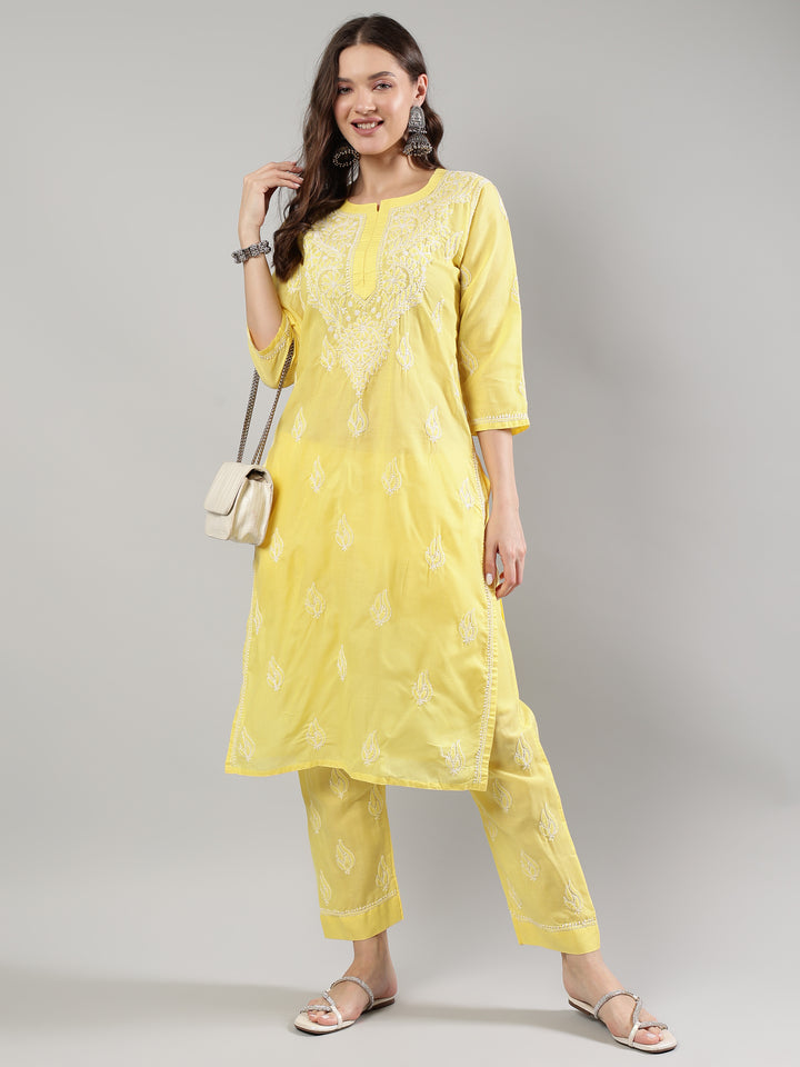 Yellow-Cotton-Embroidered-Chikankari-Kurta-Set
