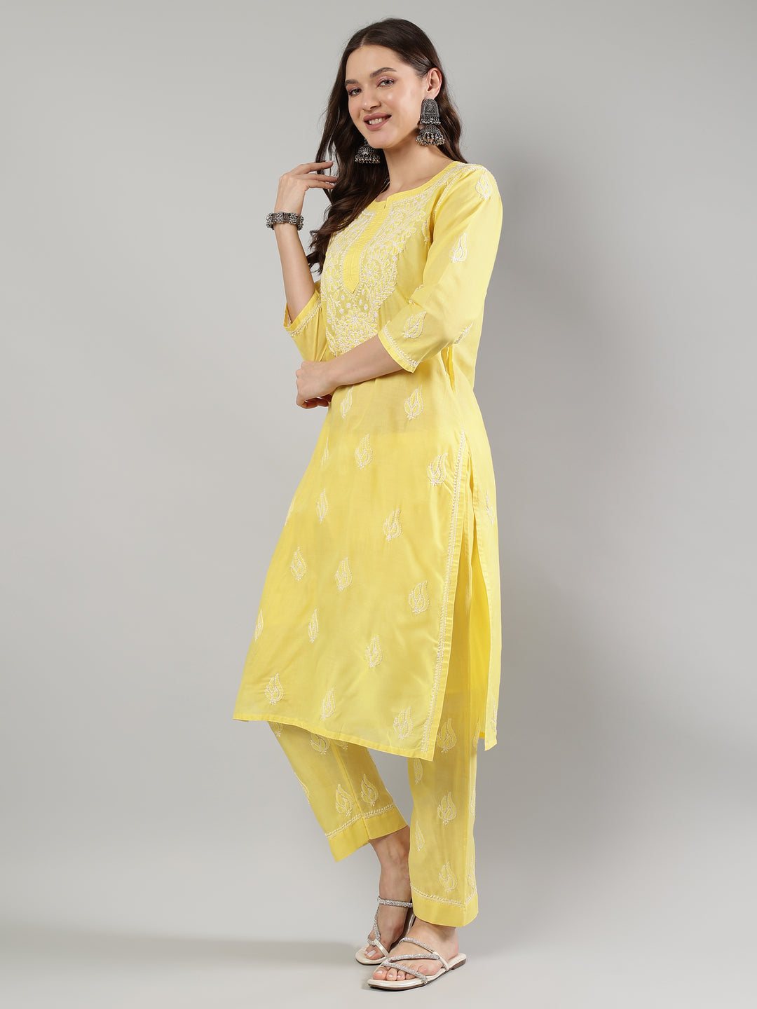 Yellow-Cotton-Embroidered-Chikankari-Kurta-Set
