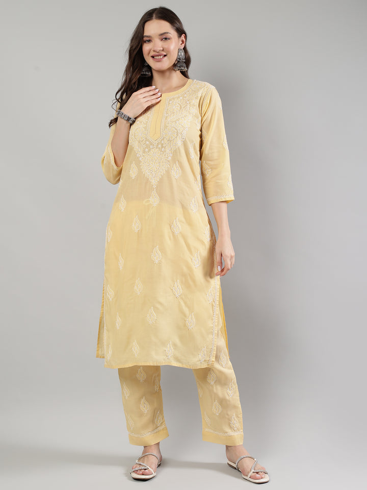 Beige-Cotton-Embroidered-Lucknowi-Chikankari-Kurta-Set