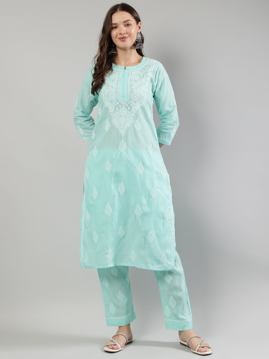 Sea-Green-Cotton-Embroidered-Lucknowi-Chikankari-Kurta-Set