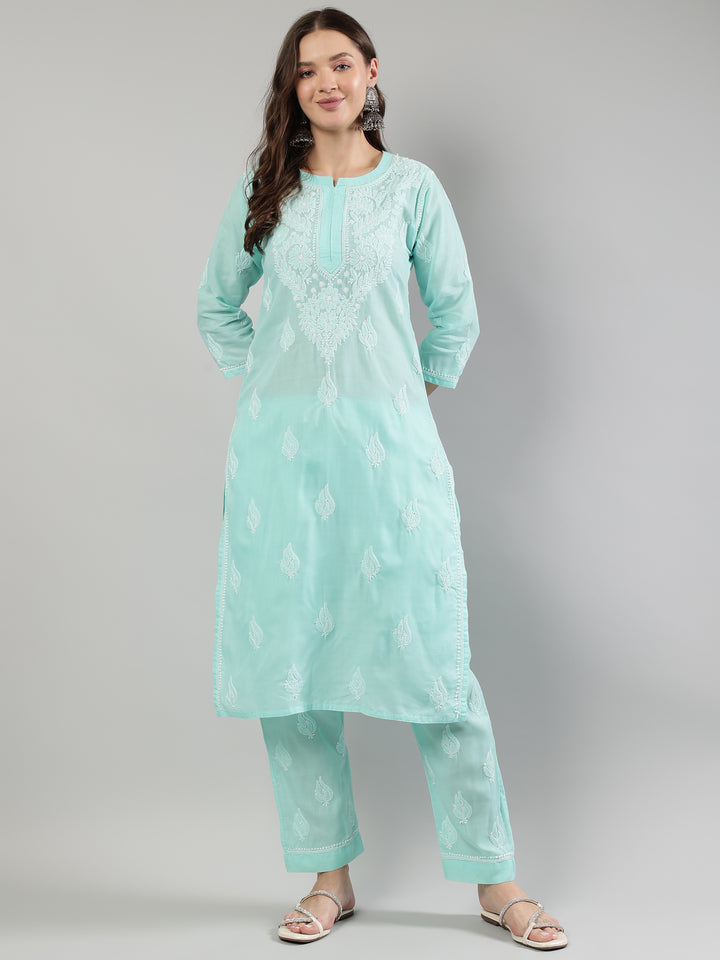 Sea-Green-Cotton-Embroidered-Lucknowi-Chikankari-Kurta-Set