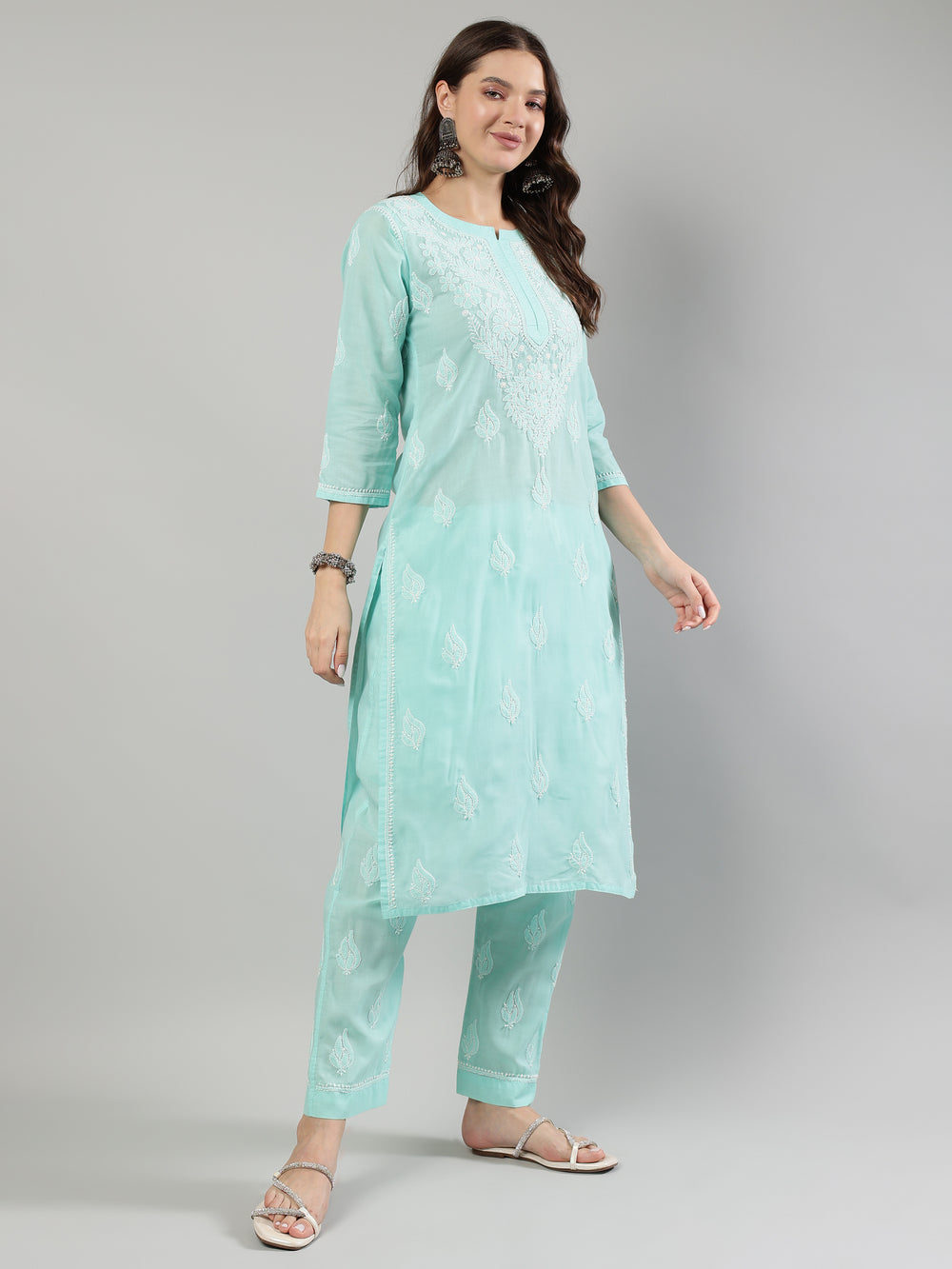 Sea-Green-Cotton-Embroidered-Lucknowi-Chikankari-Kurta-Set