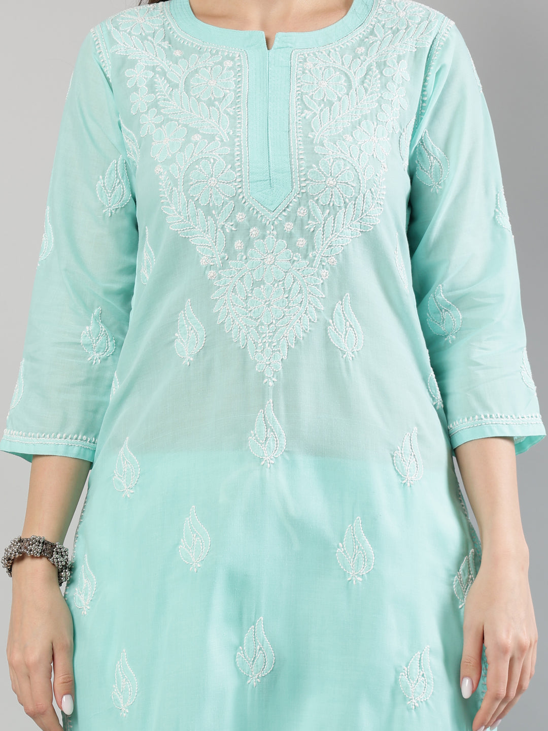 Sea-Green-Cotton-Embroidered-Lucknowi-Chikankari-Kurta-Set