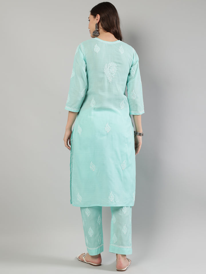 Sea-Green-Cotton-Embroidered-Lucknowi-Chikankari-Kurta-Set