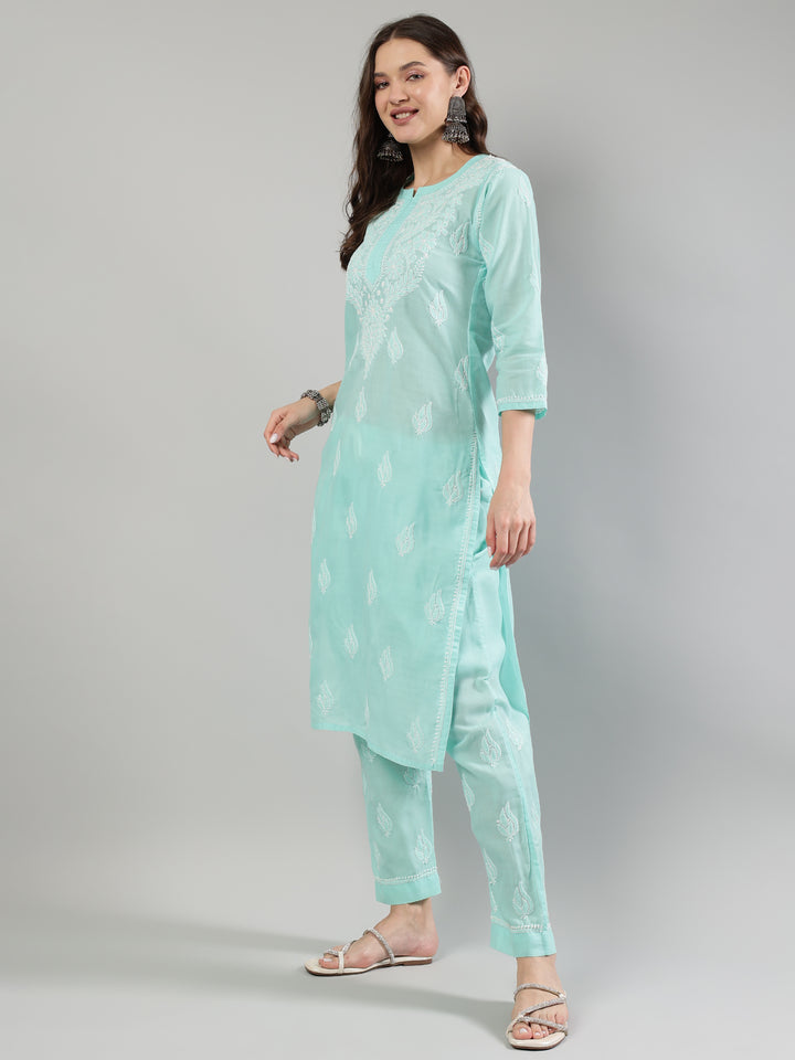 Sea-Green-Cotton-Embroidered-Lucknowi-Chikankari-Kurta-Set